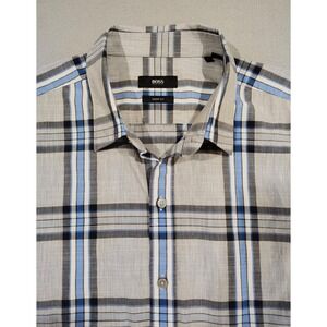 Hugo Boss Shirt Men's Short Sleeve Cotton Blue Gray Plaid XL Sharp Fit